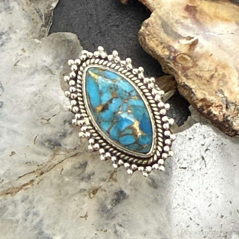 Sterling Silver Southwestern Style Marquise Copper Turquoise Ring For Women